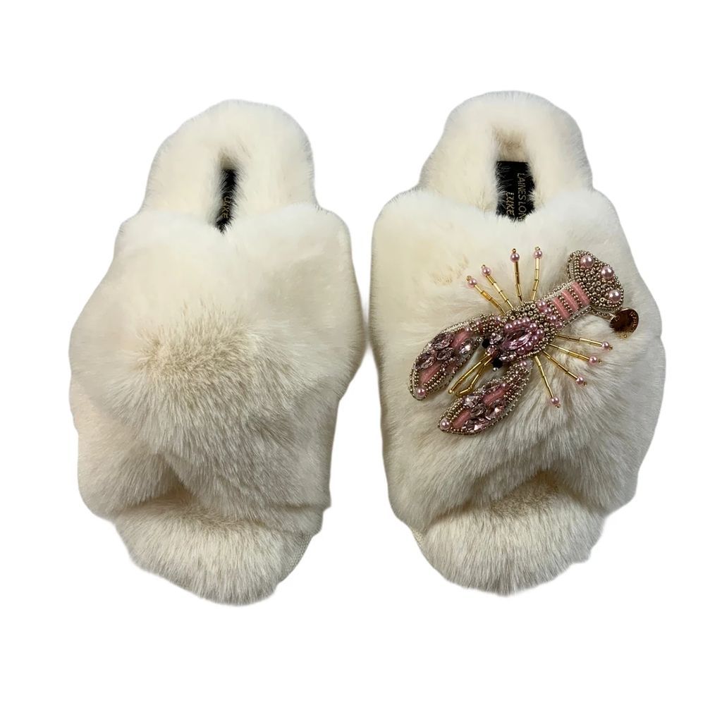 LAINES LONDON - Laines Cloud Cream Slippers With Artisan Pink Lobster Brooch
