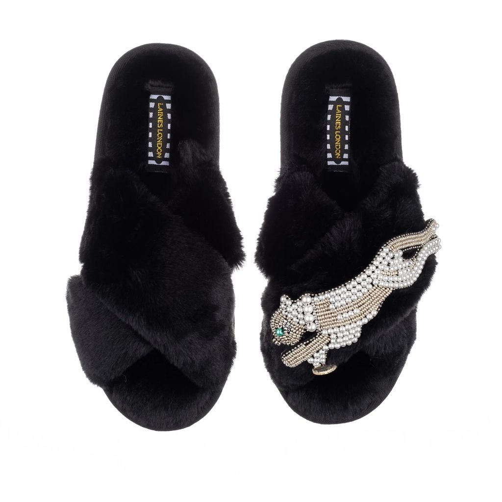 LAINES LONDON - Classic Laines Black Slippers With Artisan Pearl & Gold Panther Brooch