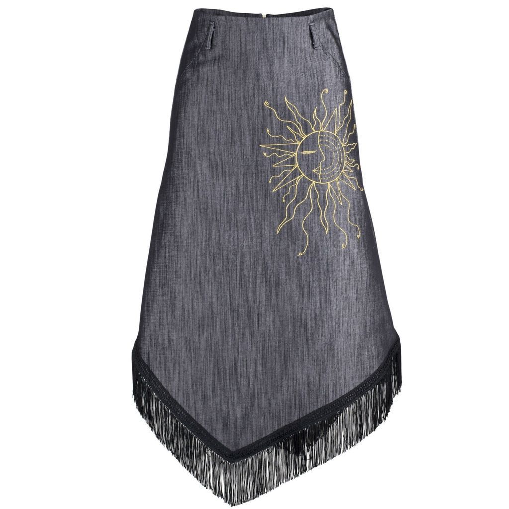 MUZA - Fringed Denim Skirt With Asymmetric Hem