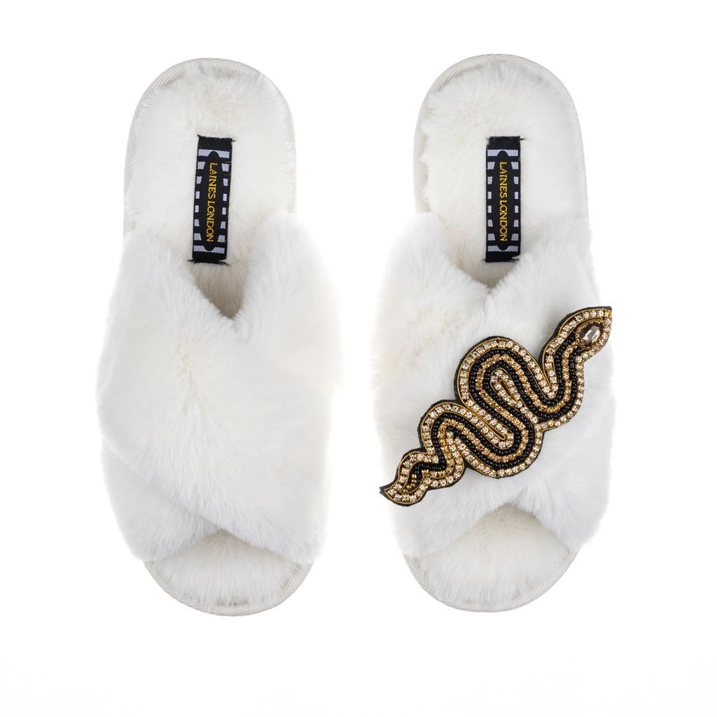 LAINES LONDON - Classic Laines Cream Slippers With Artisan Black Snake Brooch
