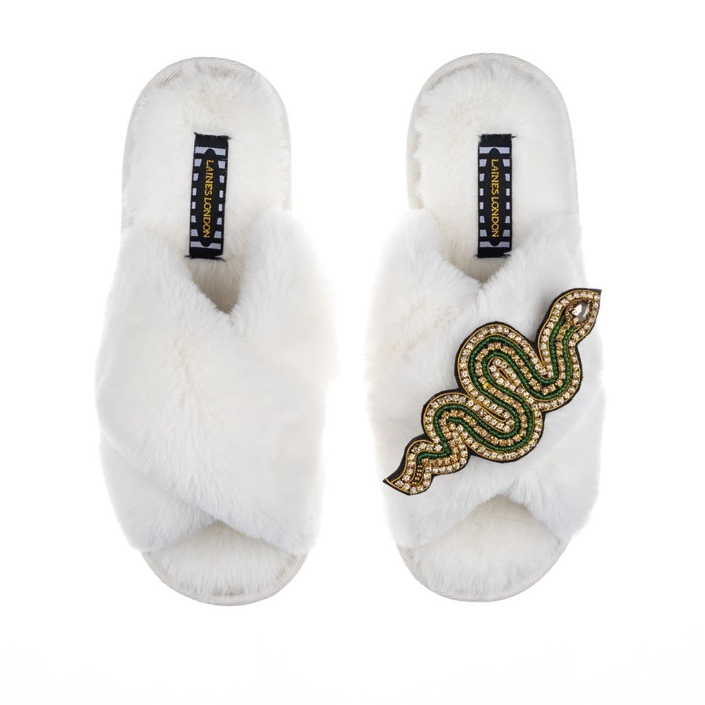 LAINES LONDON - Classic Laines Cream Slippers Green Artisan Snake Brooch