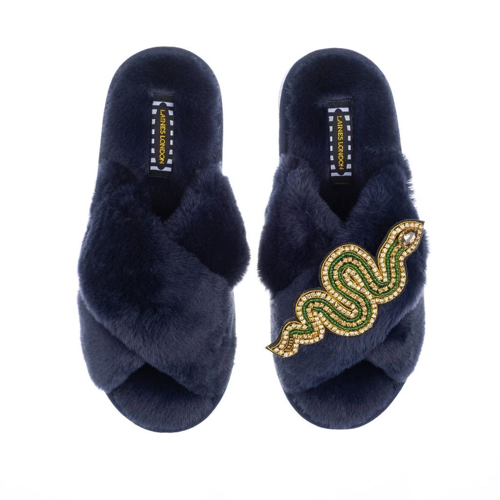 LAINES LONDON - Classic Laines Navy Slippers With Green Artisan Snake Brooch