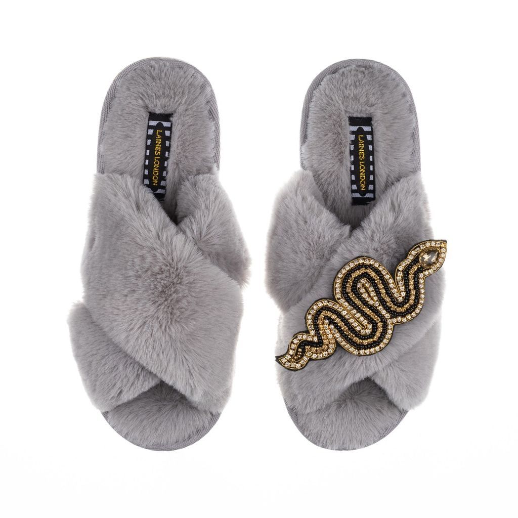 LAINES LONDON - Classic Laines Grey Slippers With Artisan Black Snake Brooch