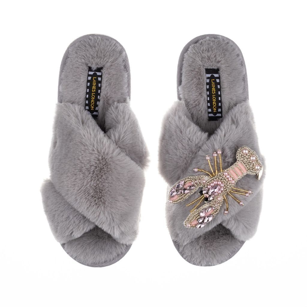 LAINES LONDON - Classic Laines Grey Slippers With Artisan Pearl Pink Lobster Brooch
