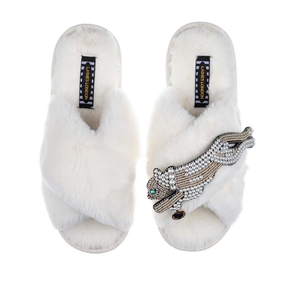 LAINES LONDON - Classic Laines Cream Slippers With Artisan Pearl & Gold Panther Brooch