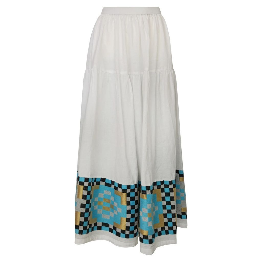 Haris Cotton - Maxi Linen Ruffled Skirt With Embroidered Panels - White