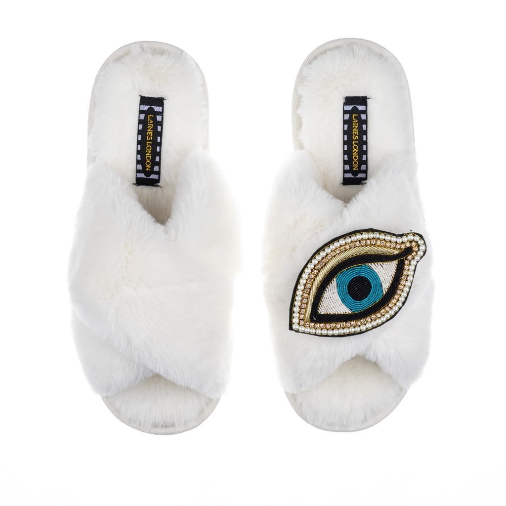 LAINES LONDON - Classic Laines Cream Slippers With Deluxe Blue Eye Brooch