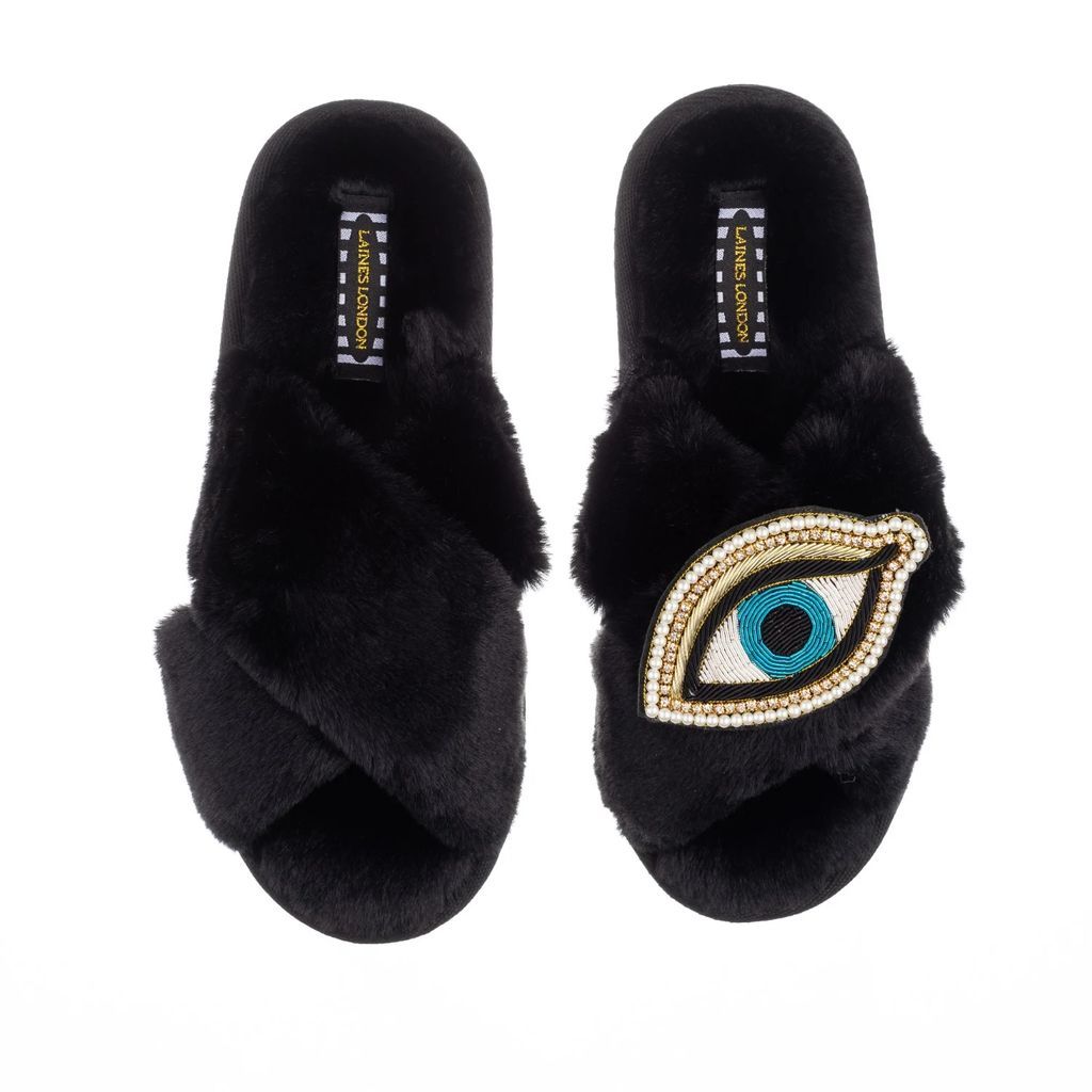 LAINES LONDON - Classic Laines Black Slippers With Deluxe Blue Eye Brooch