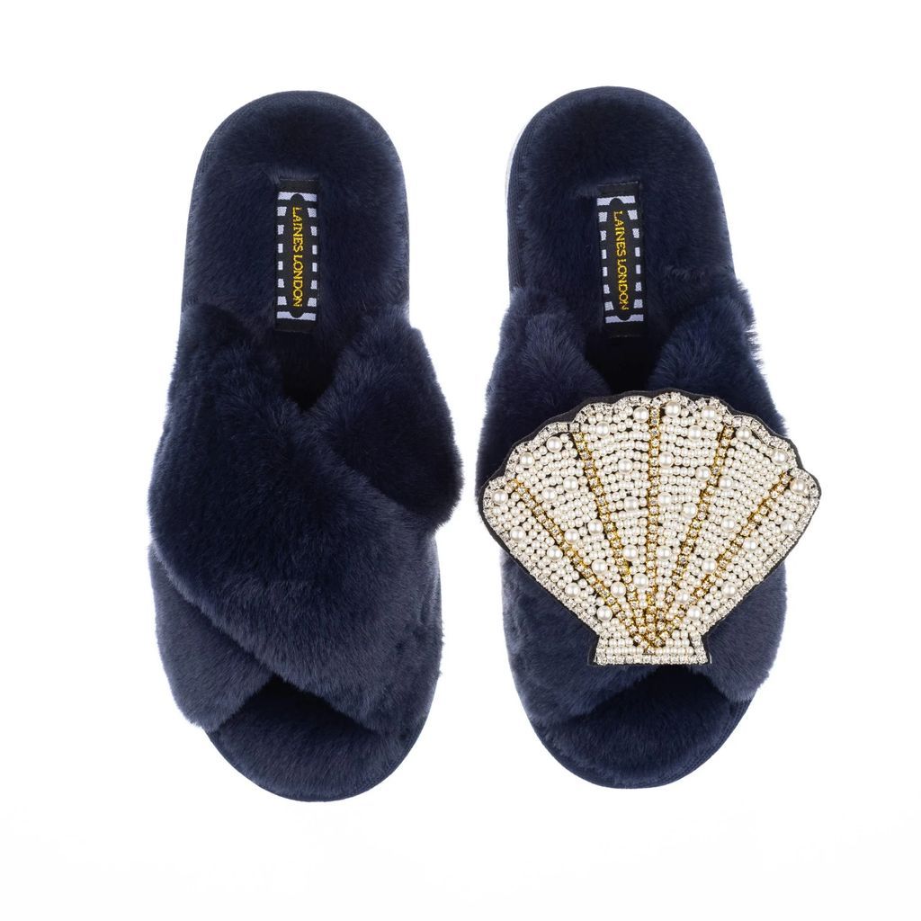 LAINES LONDON - Classic Laines Navy Slippers With Deluxe Artisan Seashell
