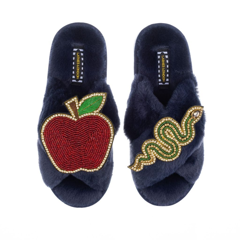 LAINES LONDON - Classic Laines Navy Slippers With Double Deluxe Green Snake & Apple Brooches