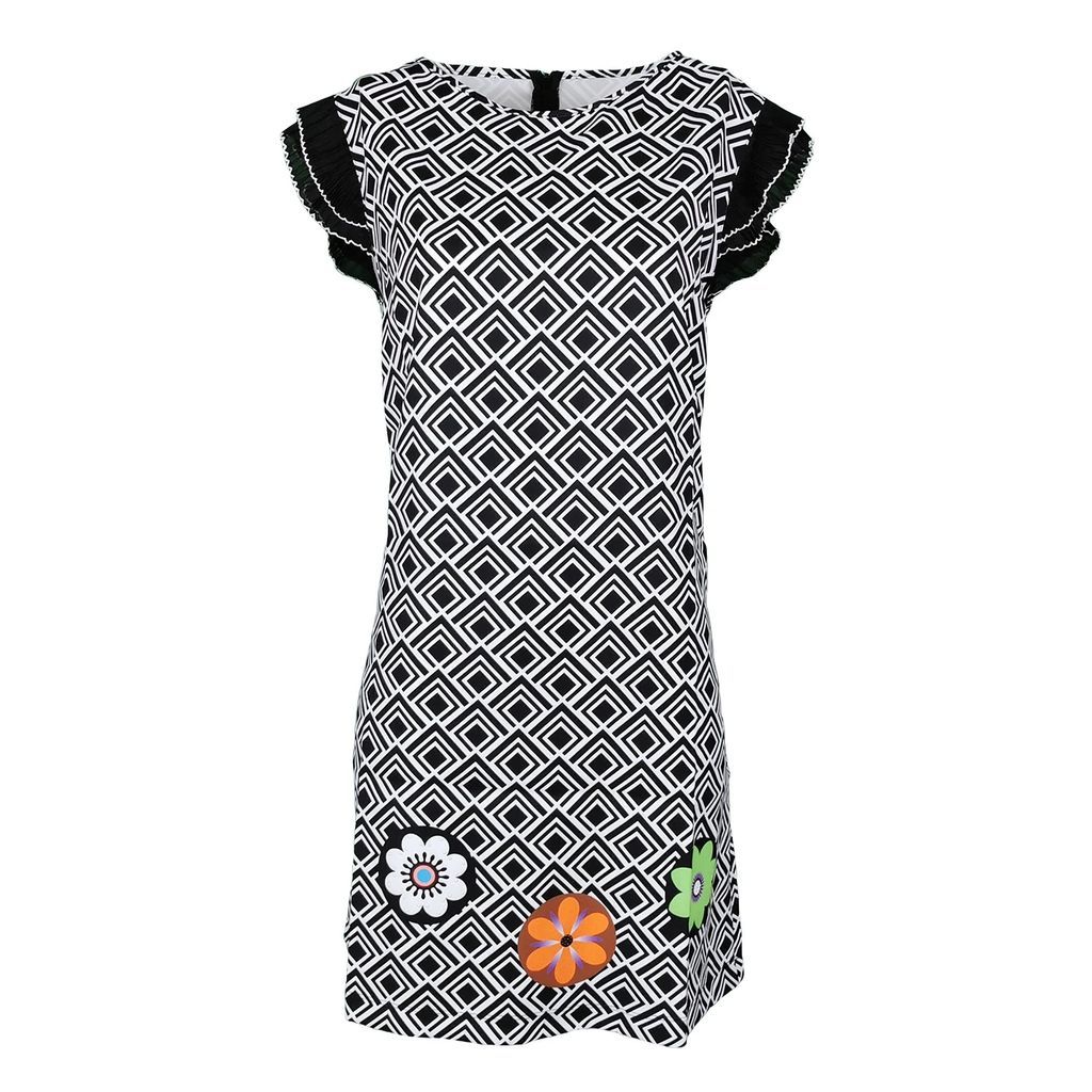 Lalipop Design - Geometric Digital Print Dress With Flowers & Ruffled Shoulders
