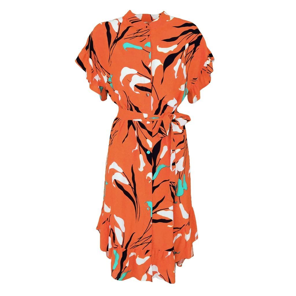 Lalipop Design - Orange Viscose Shirt Dress With Ruffle Details & Flower Prints