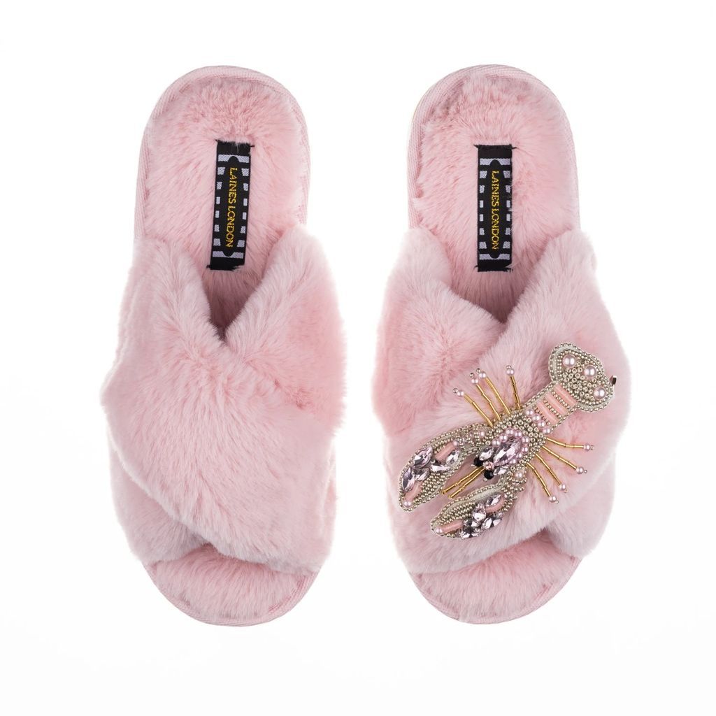 LAINES LONDON - Classic Laines Candy Pink Slippers With Artisan Pink Lobster Brooch