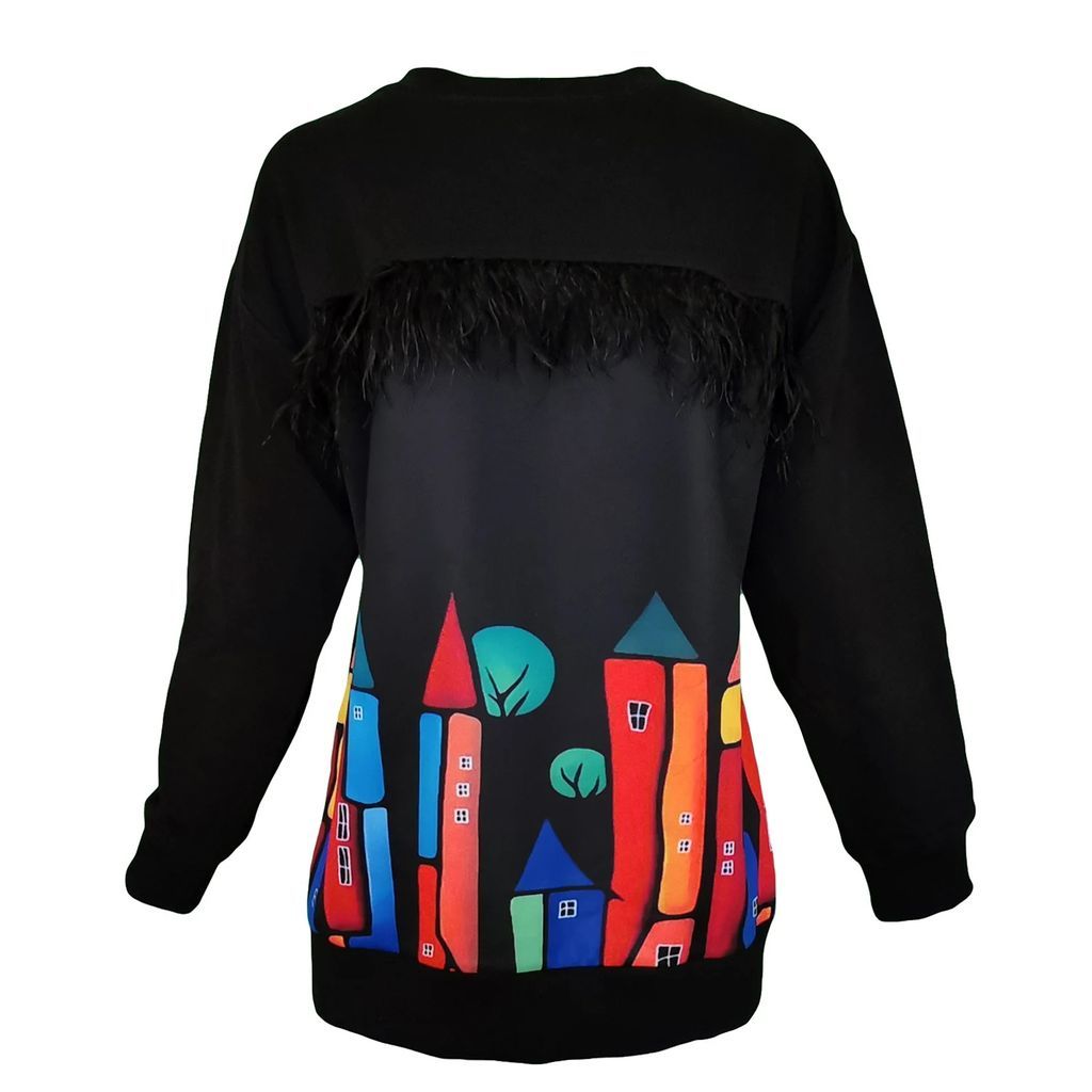 Lalipop Design - Black Cotton Sweatshirt With Colorful House Print