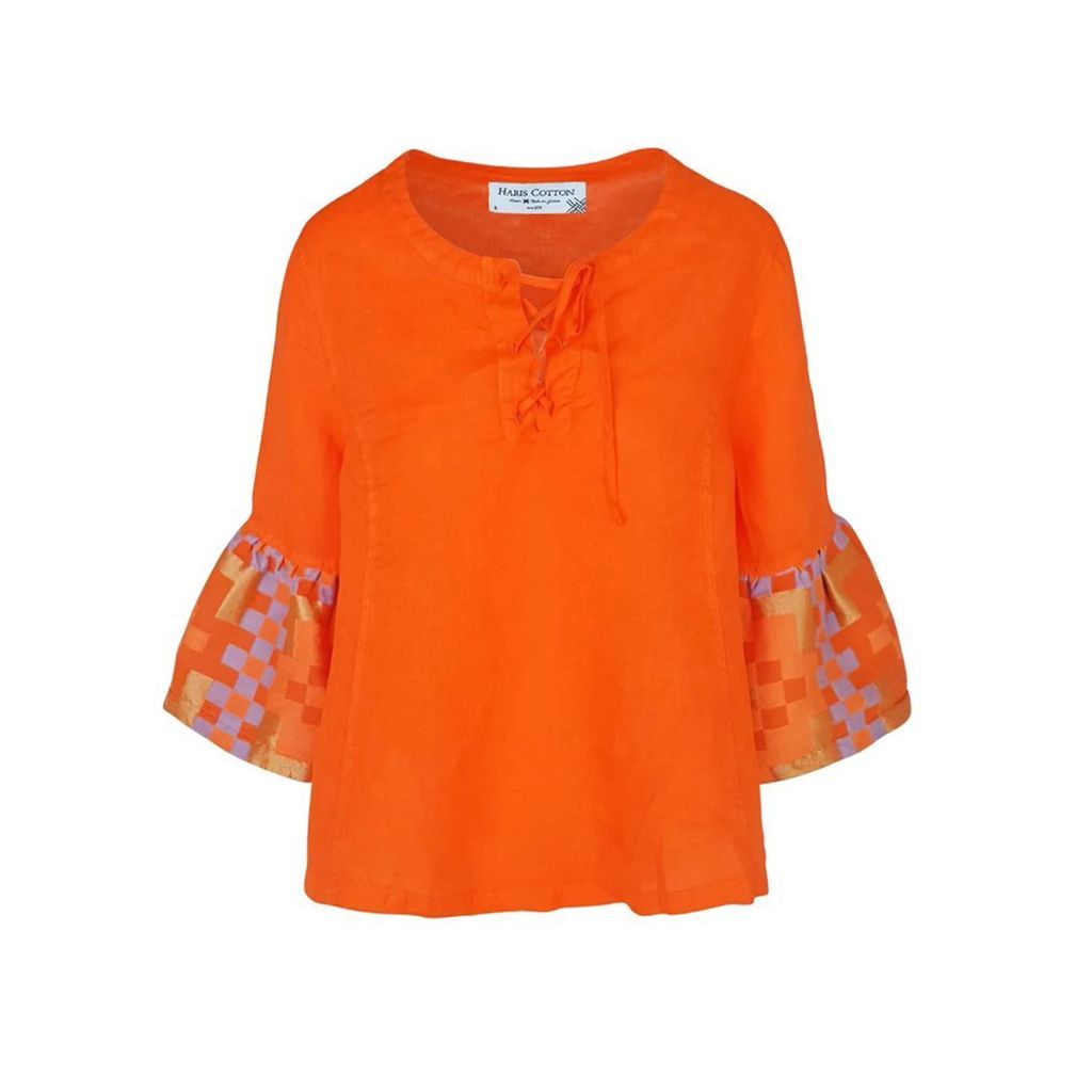 Haris Cotton - Lace Up Neck Linen Blouse With Embroidered Panels - Mango