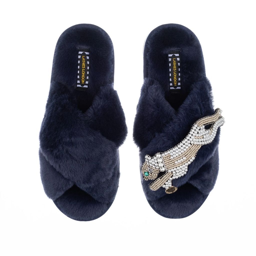 LAINES LONDON - Classic Laines Navy Slippers With Artisan Pearl & Gold Panther Brooch