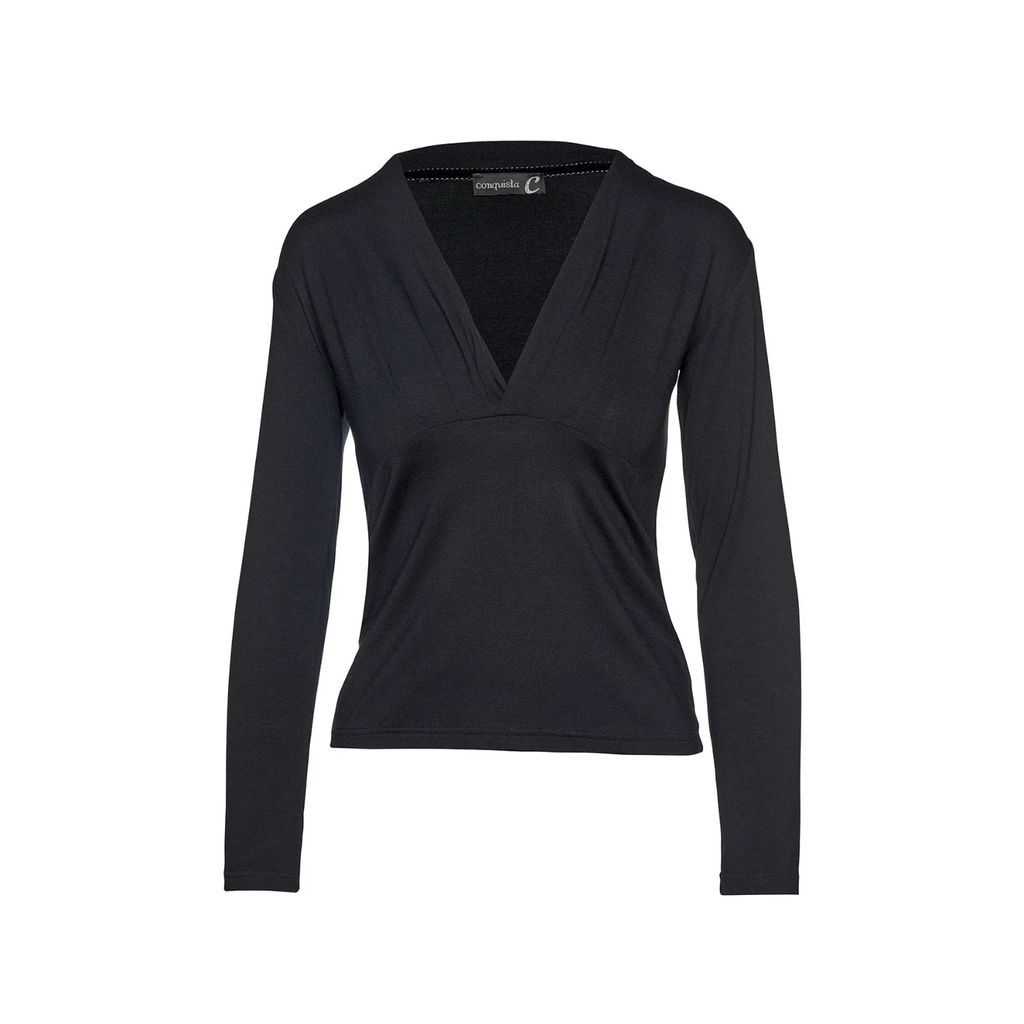 Conquista - Black Long Sleeve Faux Wrap Top In Stretch Jersey Sustainable Fabric