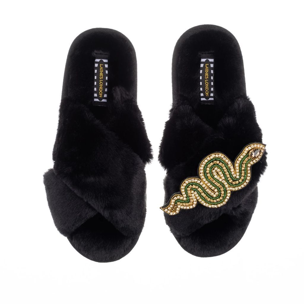 LAINES LONDON - Classic Laines Black Slippers With Green Artisan Snake Brooch