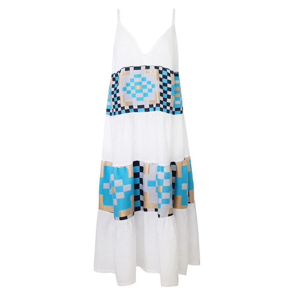 Haris Cotton - Maxi Linen Strap Dress With Embroidered Panels-White