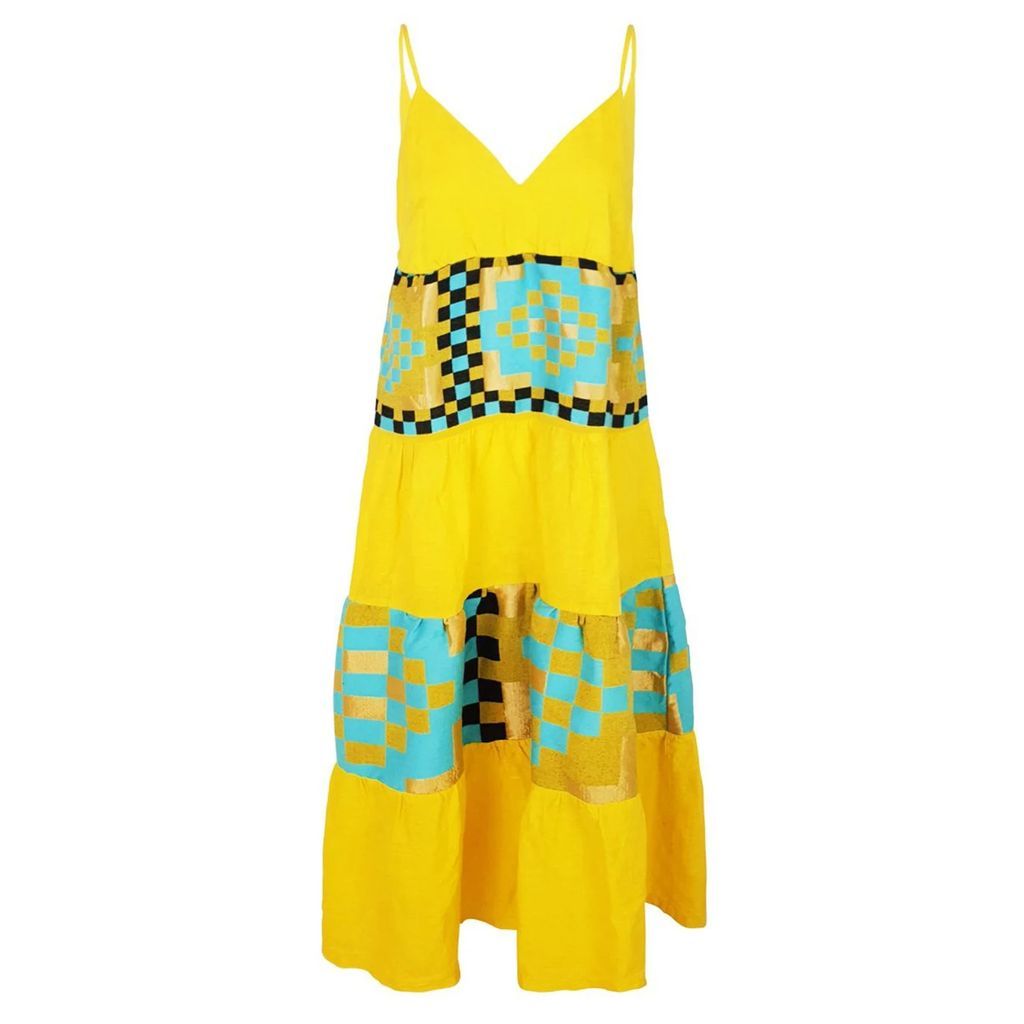 Haris Cotton - Maxi Linen Strap Dress With Embroidered Panels -Sunrise Yellow