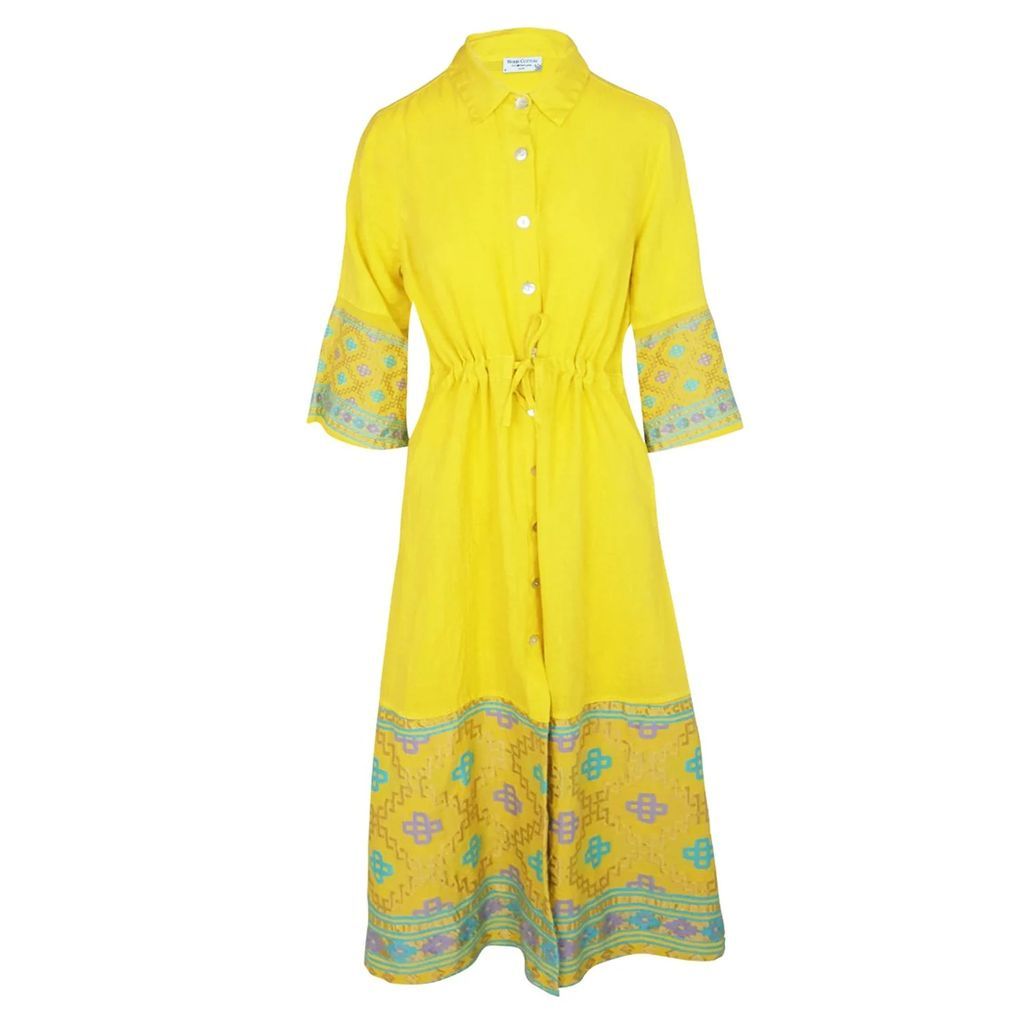 Haris Cotton - Split Neck Sleeveless Maxi Linen Dress With Embroidered Panels - Sunrise Yellow/Lavender