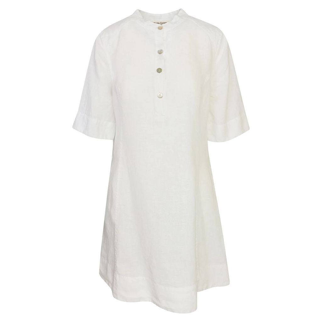 Haris Cotton - Short Sleeved Linen Mini Dress With Front Buttons - White