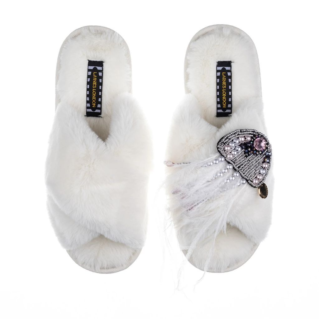 LAINES LONDON - Classic Laines Cream Fluffy Slippers With Artisan Jellyfish