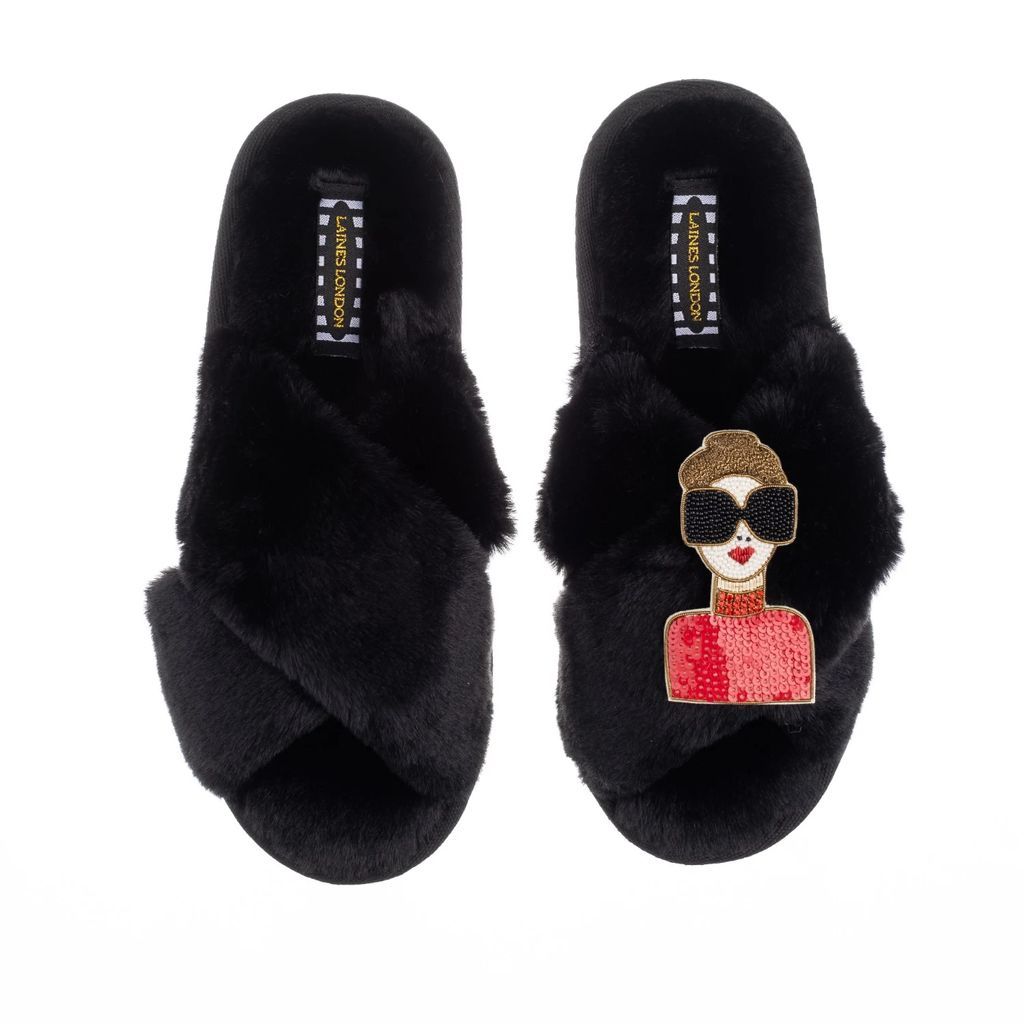 LAINES LONDON - Classic Laines Black Slippers With Premium Deluxe Glam Gal Brooch