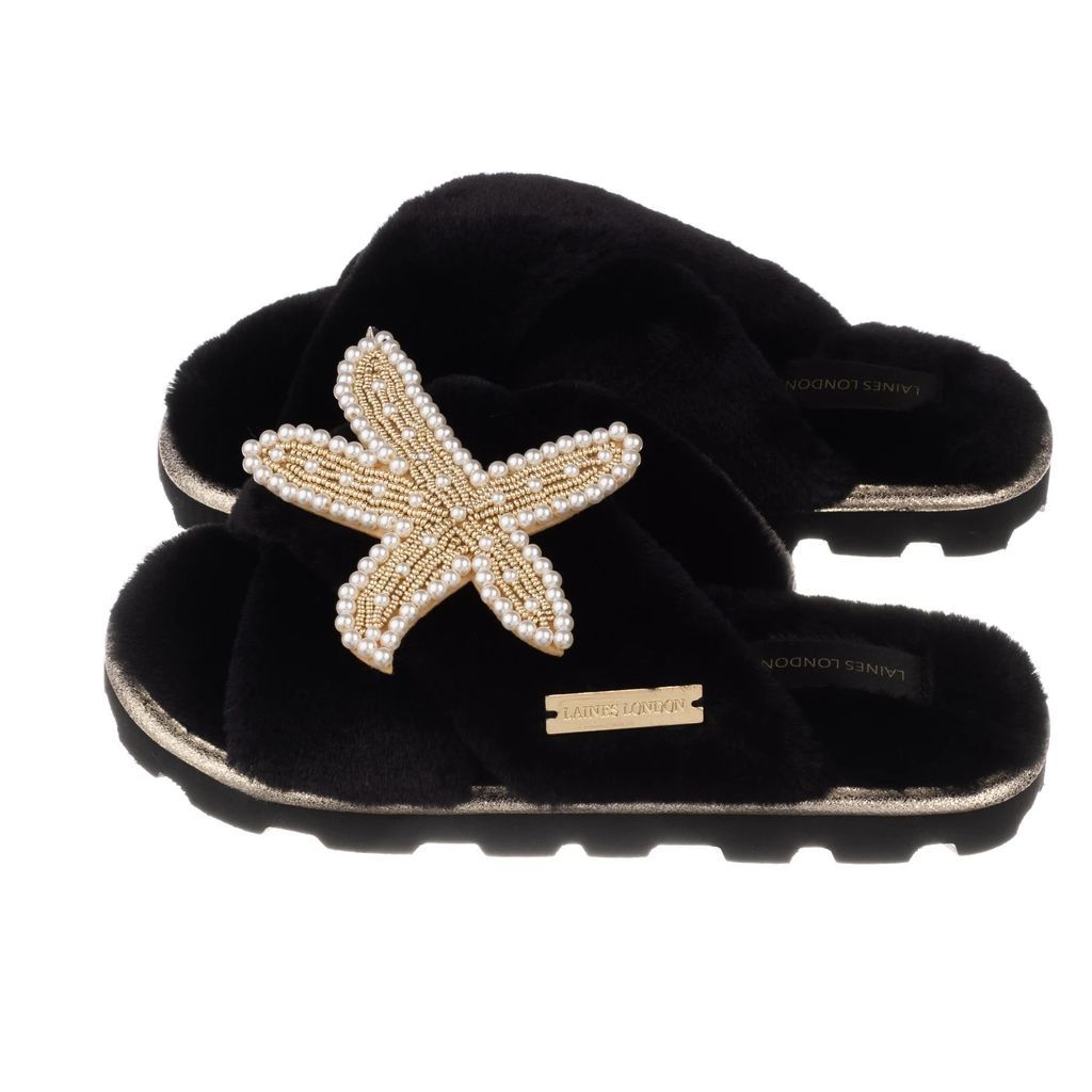 LAINES LONDON - Ultralight Chic Black Slippers / Sliders with Artisan Pearl & Gold Starfish