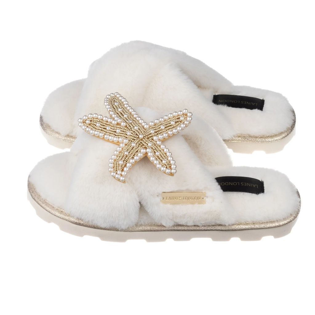 LAINES LONDON - Ultralight Chic Cream Slippers / Sliders with Artisan Pearl & Gold Starfish Brooch