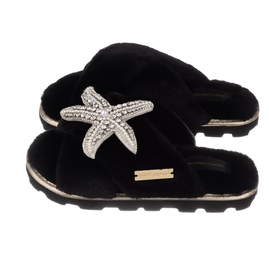 LAINES LONDON - Ultralight Chic Black Slippers / Sliders with Artisan Silver Starfish Brooch