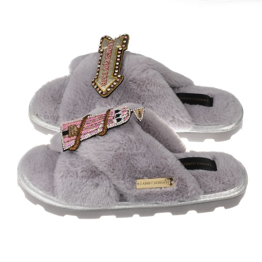 LAINES LONDON - Ultralight Chic Grey Slipper Sliders With Premium Double Helter-Skelter & Sign
