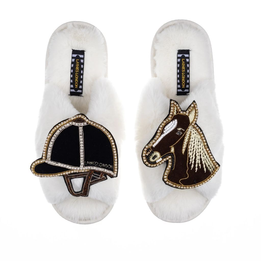 LAINES LONDON - Classic Laines Cream Slippers With Double Deluxe Riding Hat & Brown Horse Brooches