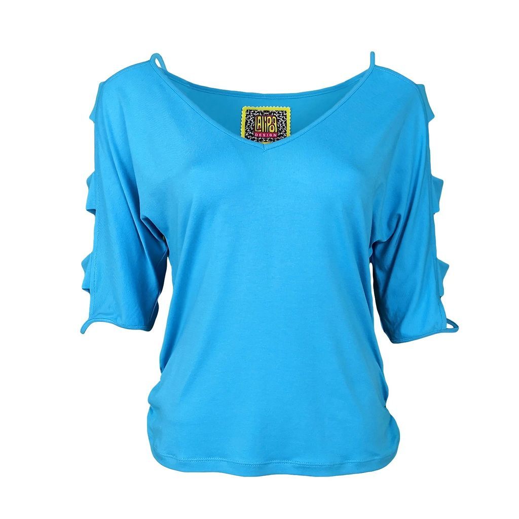 Lalipop Design - Blue V-Neck Viscose Blouse With Cut-Out Sleeves