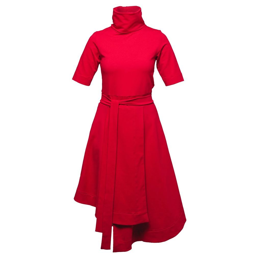 NON+ - NON479 Short Sleeve Asymmetric Turtle Neck Dress - Red