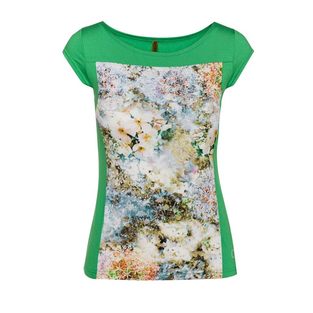 Conquista - Floral Print Boat Neck Top In Green