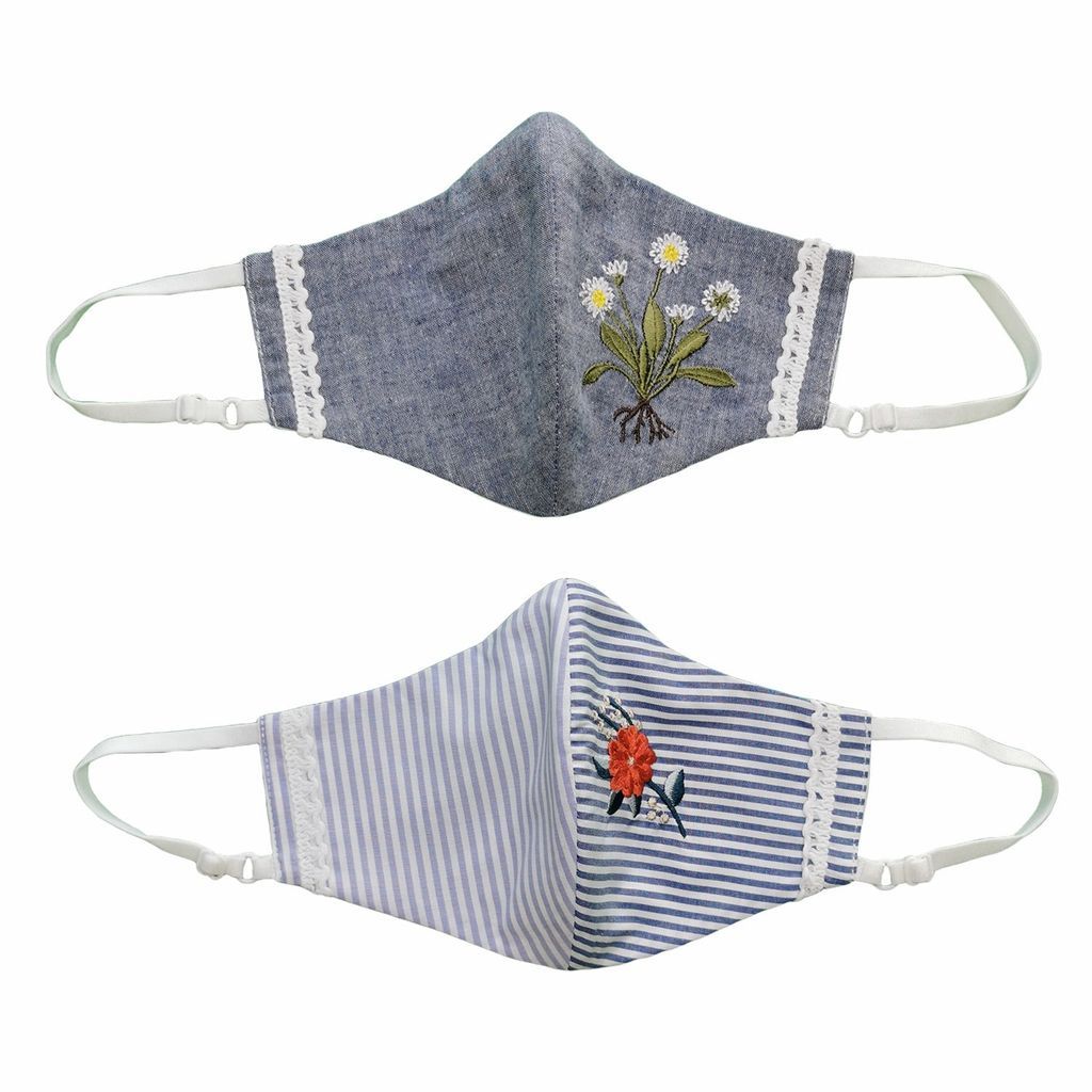 Lalipop Design - Pack Of 2 - Adjustable / Triple Layer Cotton Face Masks With Nose Wire & Embroidery Details - Blues