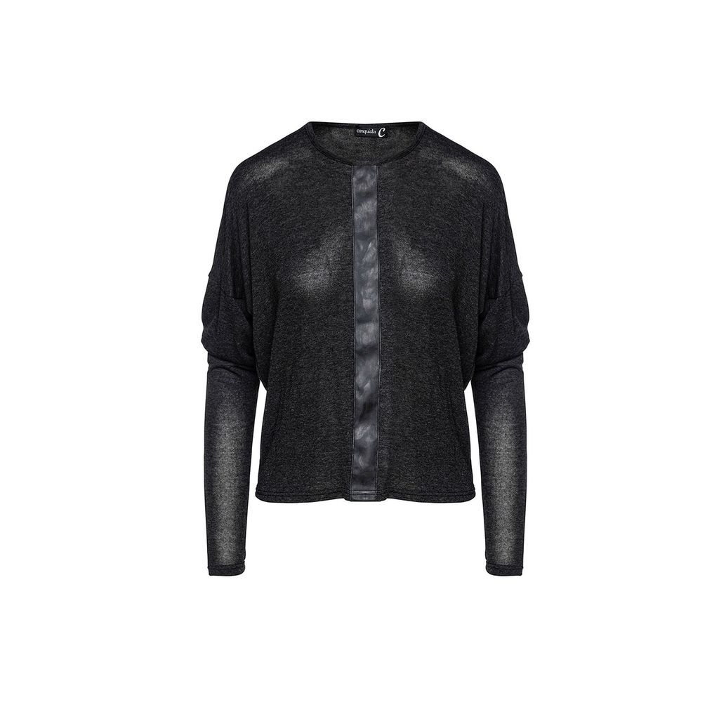 Conquista - Dark Grey Batwing Top With Faux Leather Detail