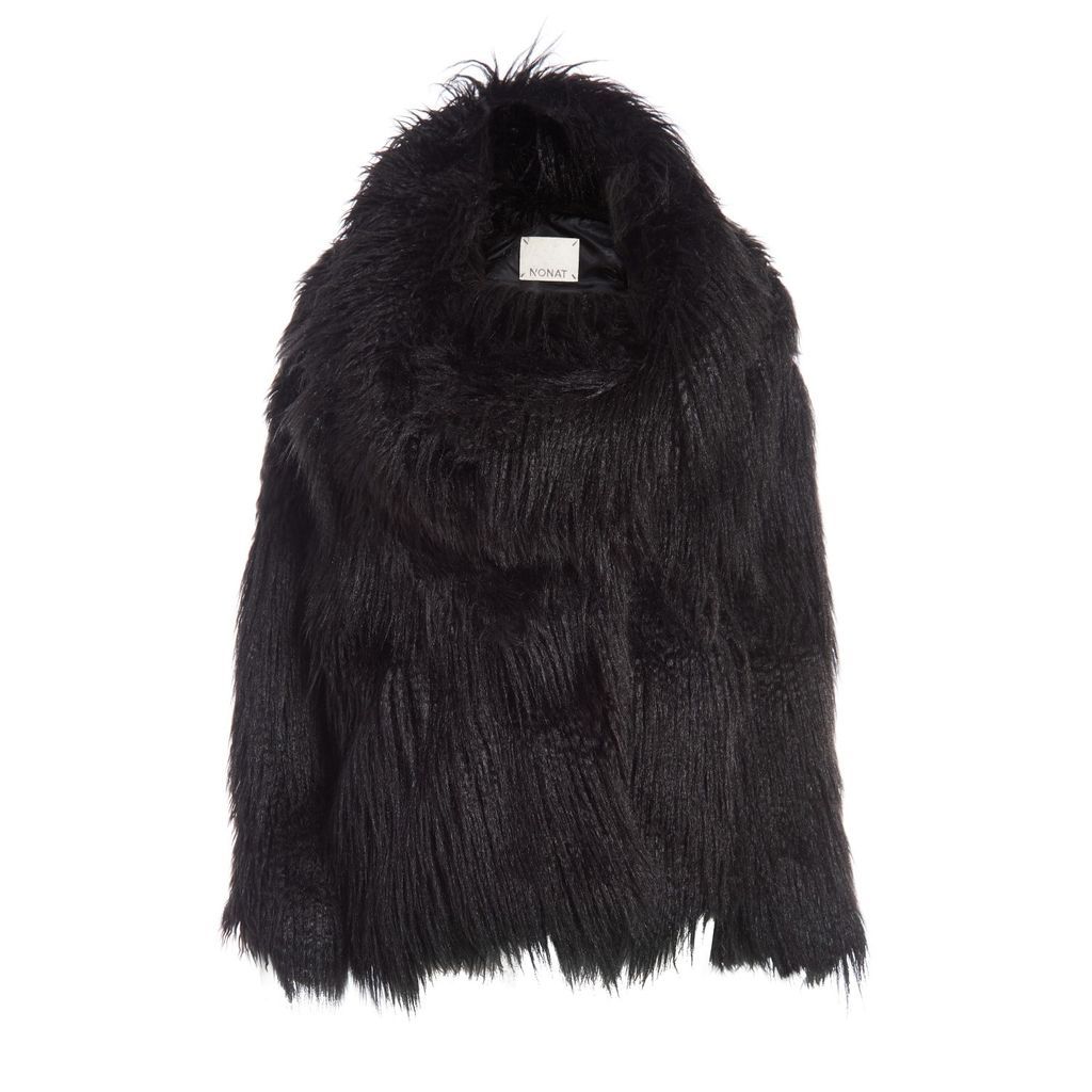 N'Onat - Emine Asymmetrical Faux-Fur Wrap Coat in Black