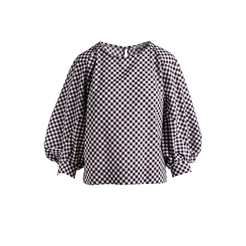 Conquista - Black & White Check Top With Bishop Sleeves Conquista