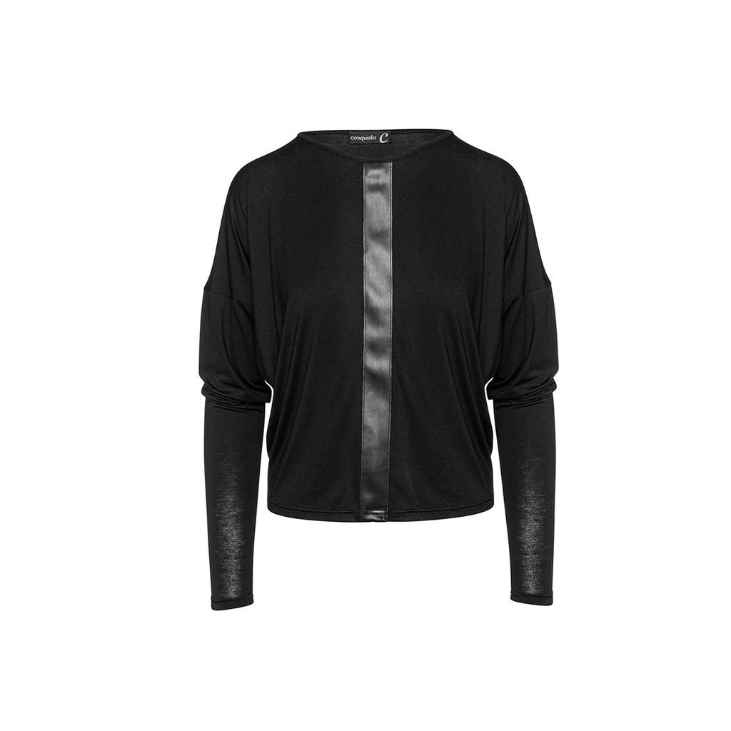 Conquista - Black Batwing Top With Faux Leather Detail