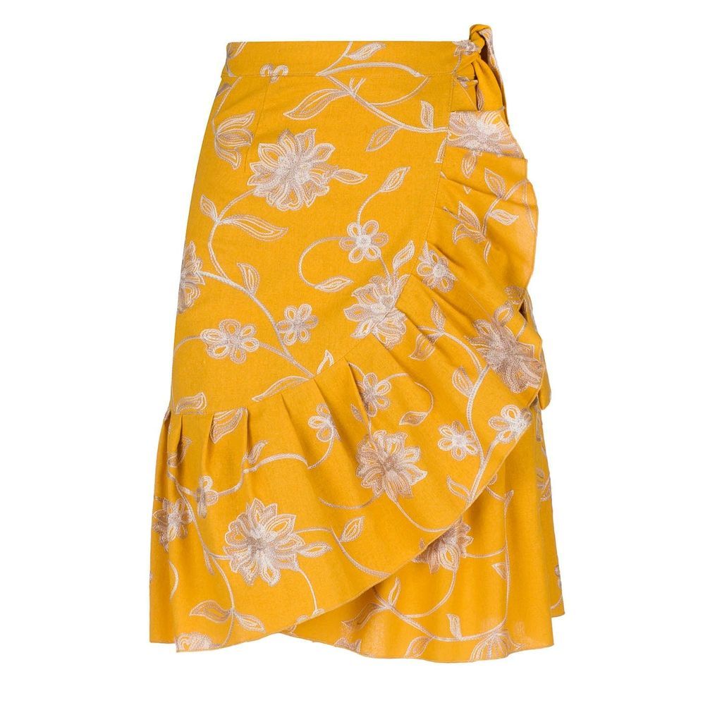 Conquista - Mustard Embroidered Floral Wrap Ruffle Skirt