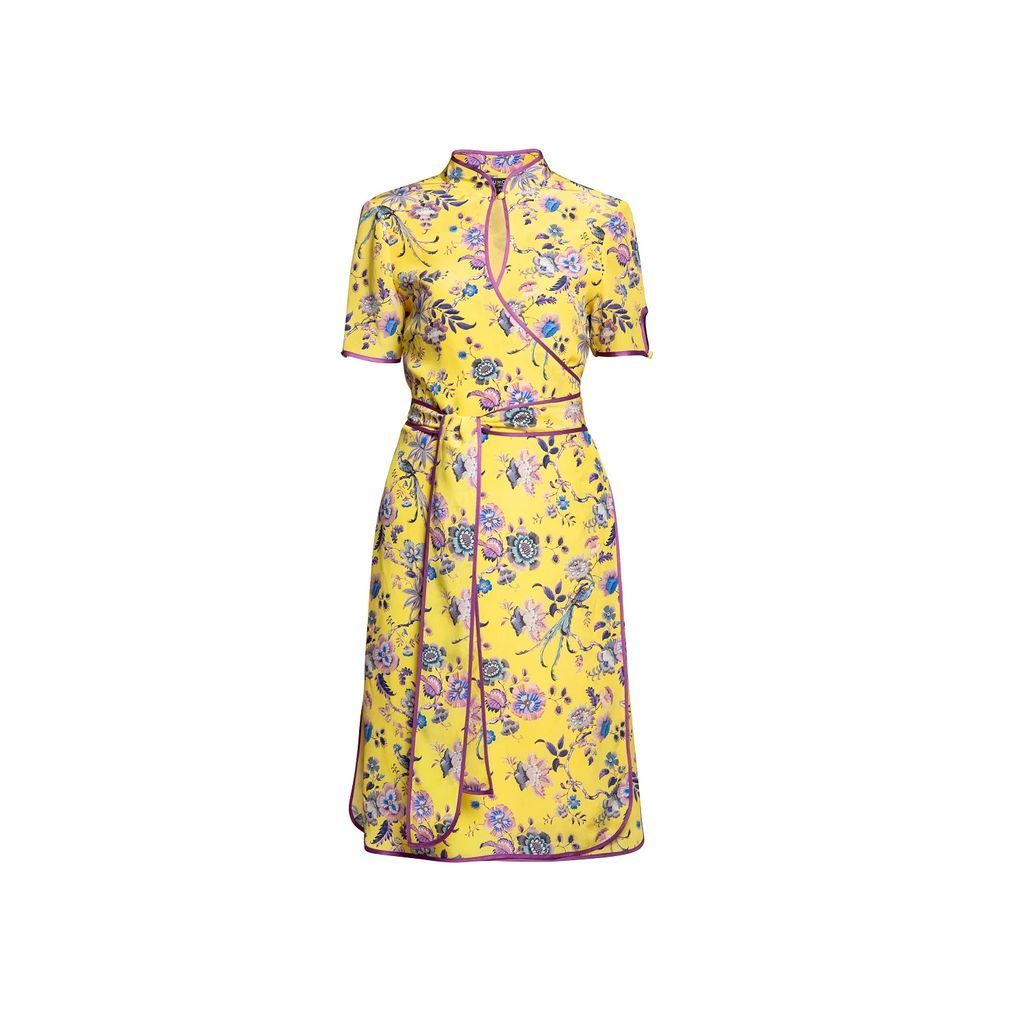 Rumour London - Akiko Kimono-Style Silk Wrap Dress With Oriental Print In Yellow
