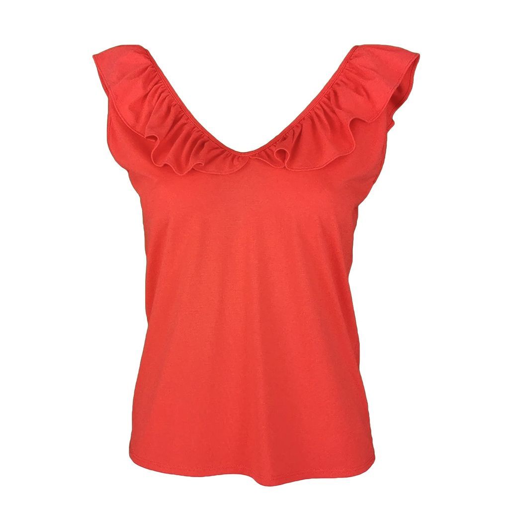 Lalipop Design - Sleeveless Red Blouse With Ruffled V-Neck
