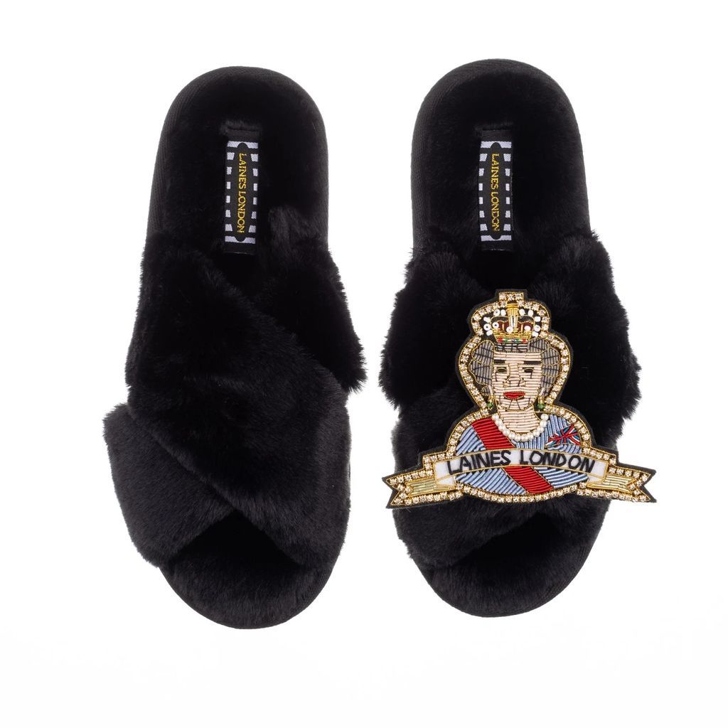 LAINES LONDON - Classic Laines Black Slippers With Deluxe Queen Brooch
