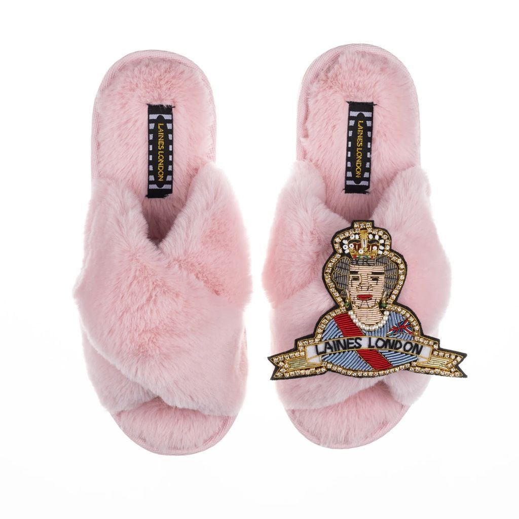 LAINES LONDON - Classic Laines Candy Pink Slippers With Deluxe Queen Brooch