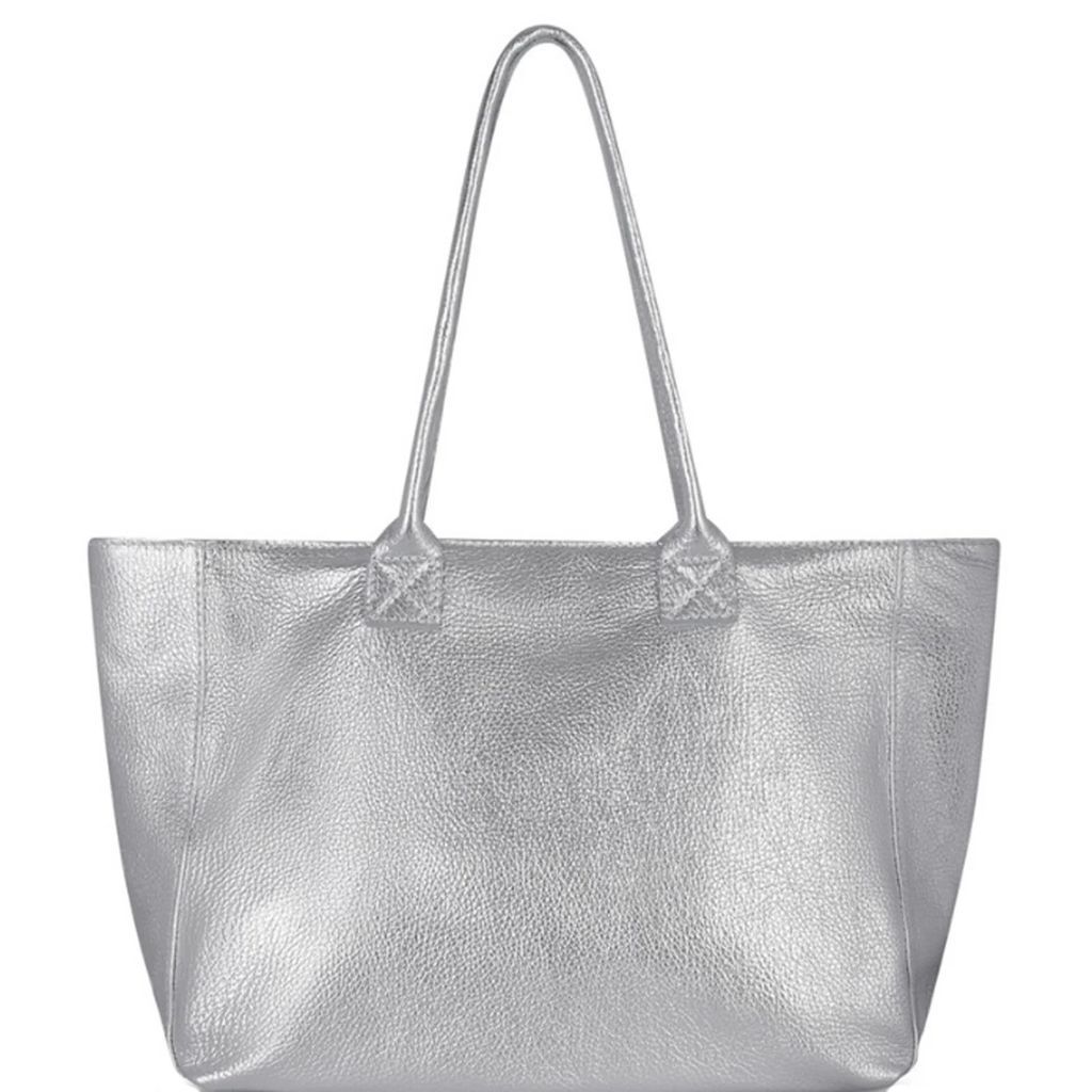 Sostter - Silver Horizontal Zipped Top Leather Tote