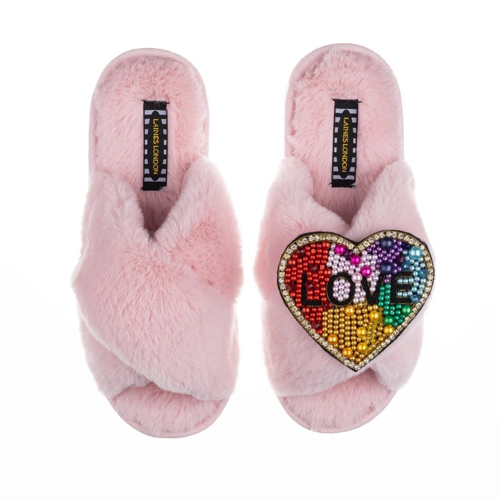 LAINES LONDON - Classic Laines Candy Pink Slippers With Deluxe Rainbow Love Brooch