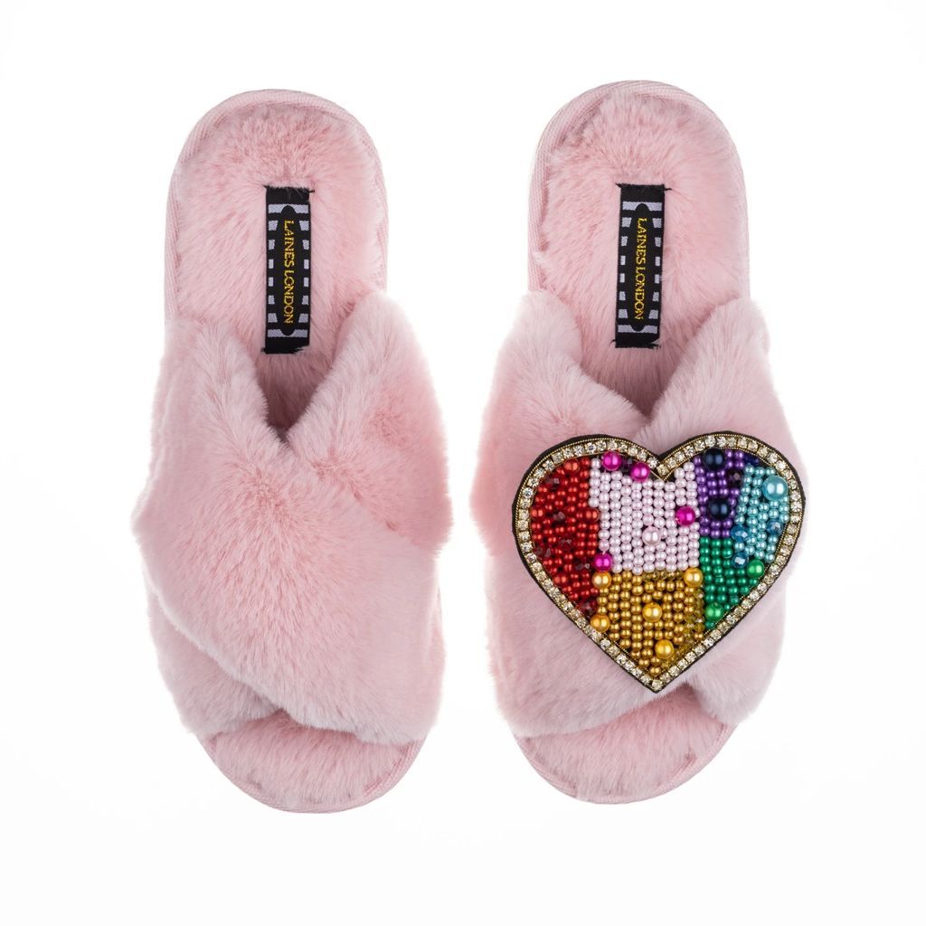LAINES LONDON - Classic Laines Candy Pink Slippers With Deluxe Rainbow Heart Brooch