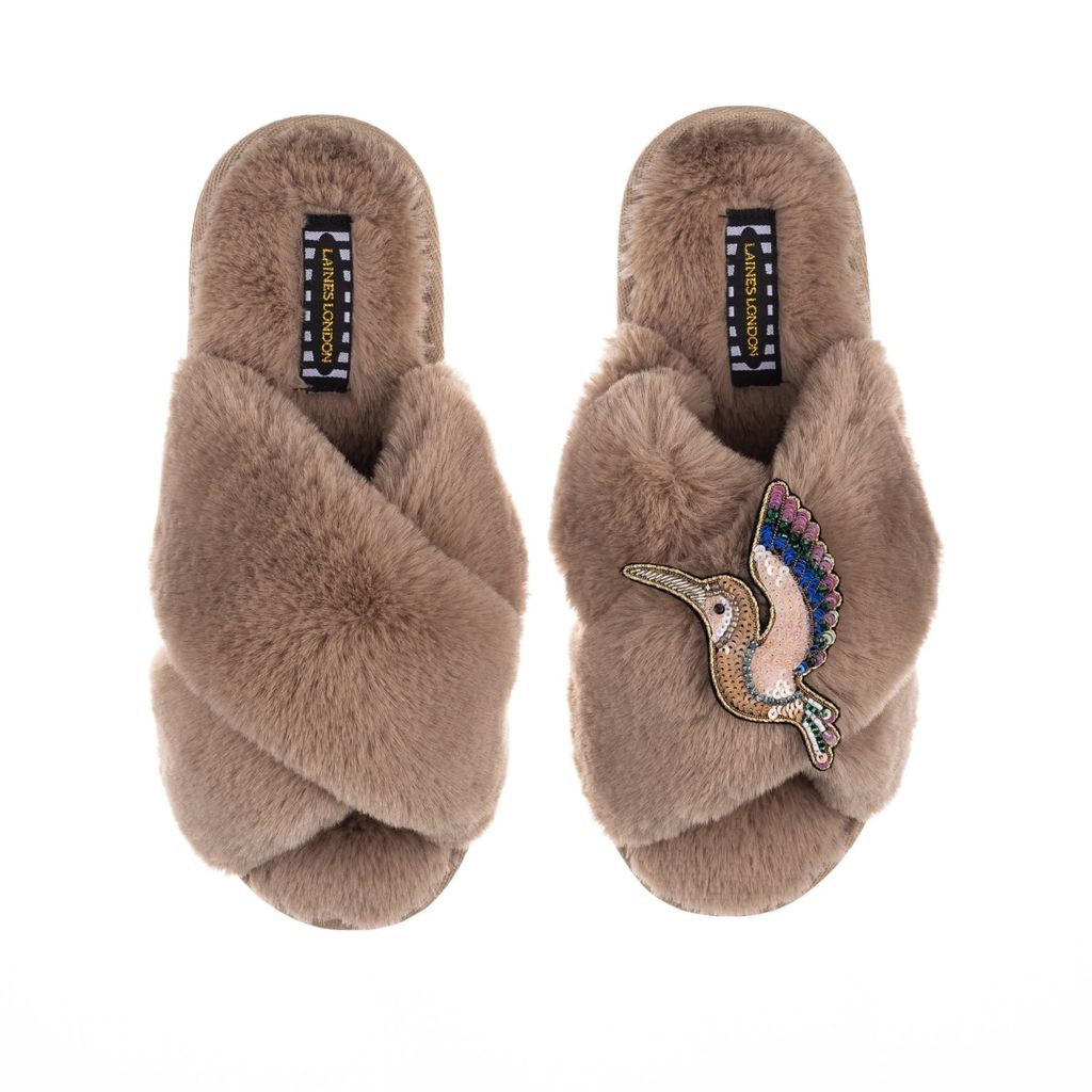 LAINES LONDON - Classic Laines Toffee Slippers With Premium Deluxe Hummingbird Brooch